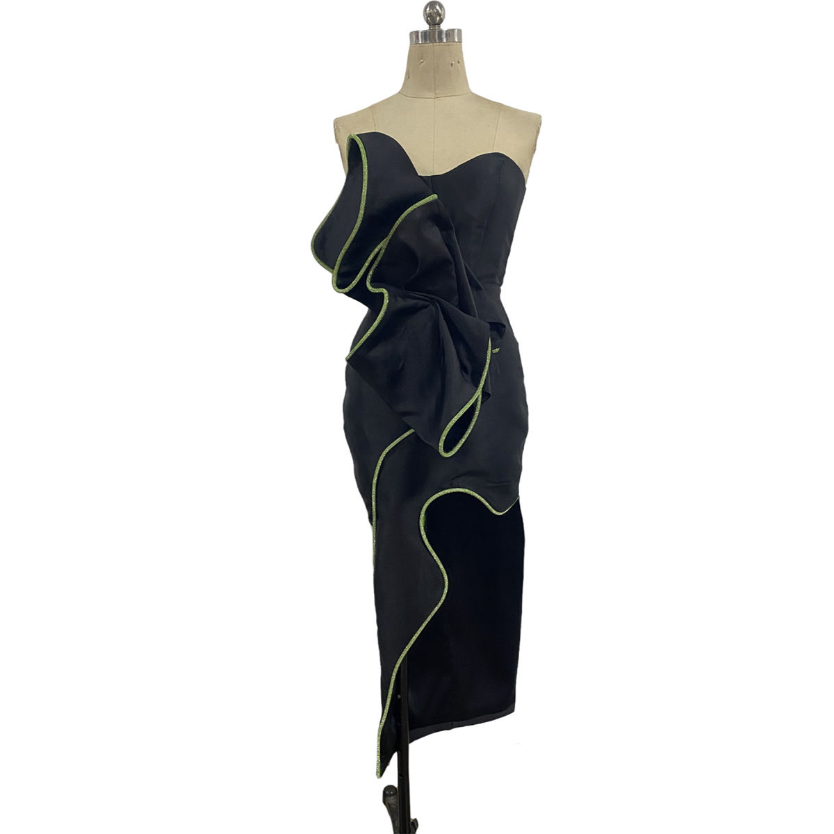 China Suppliers Factory Architectural Black Corset Midi Gown with Crystal Straps for Evening & Wedding Guests