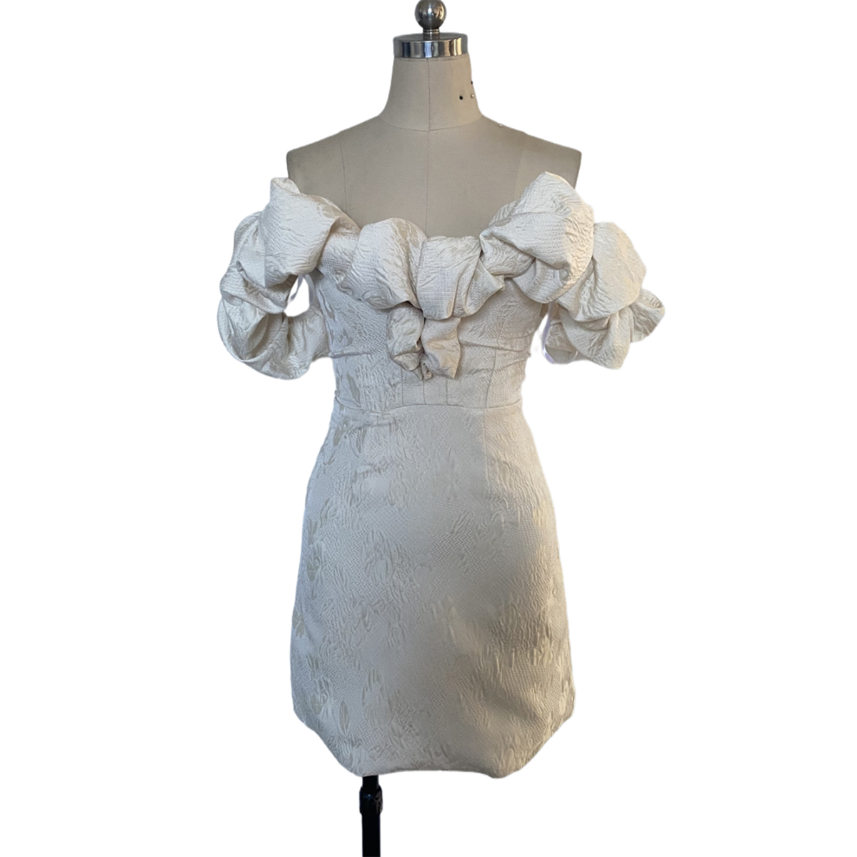 Romantic White Jacquard Mini Dress with 3D Puff Detail | China Suppliers & Factory for Wedding Guests & Special Occasions