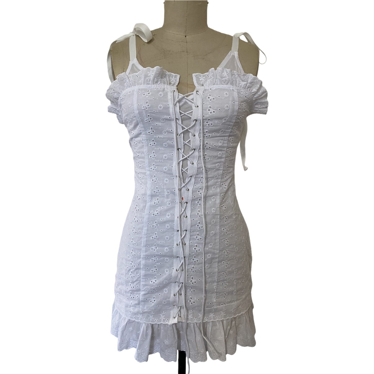 Bohemian Cotton Mini Dress with Eyelet Embroidery | Adjustable Lace-Up Design | China Suppliers and Factory