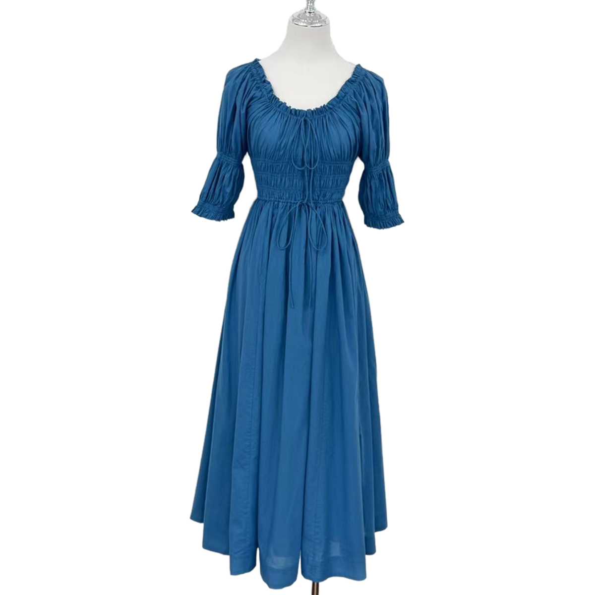 Eco-Chic Blue Organic Cotton Midi Dress | Smocked Off Shoulder Design | China Suppliers & Factory