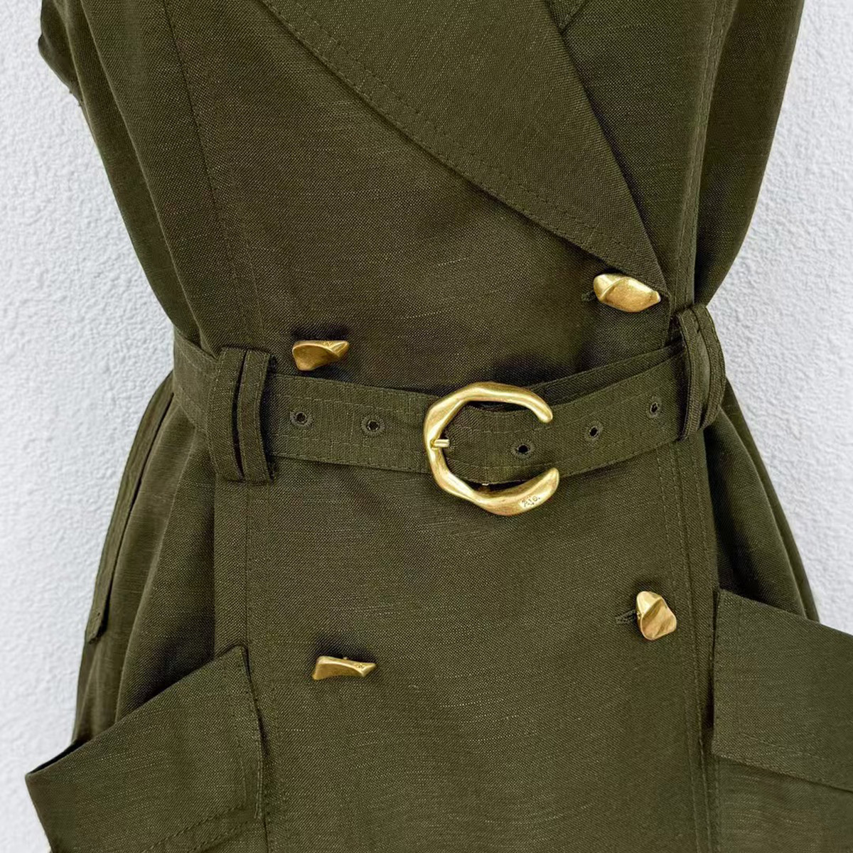 Eco-Chic Khaki Green Shirred Midi Dress Resort & Capsule Wardrobe Essential OEMODM (2).jpg
