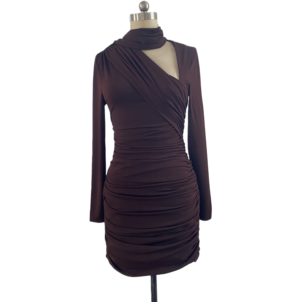 Elegant Brown Knit Dress with Detachable Scarf | Versatile Bodycon Midi Dress...
