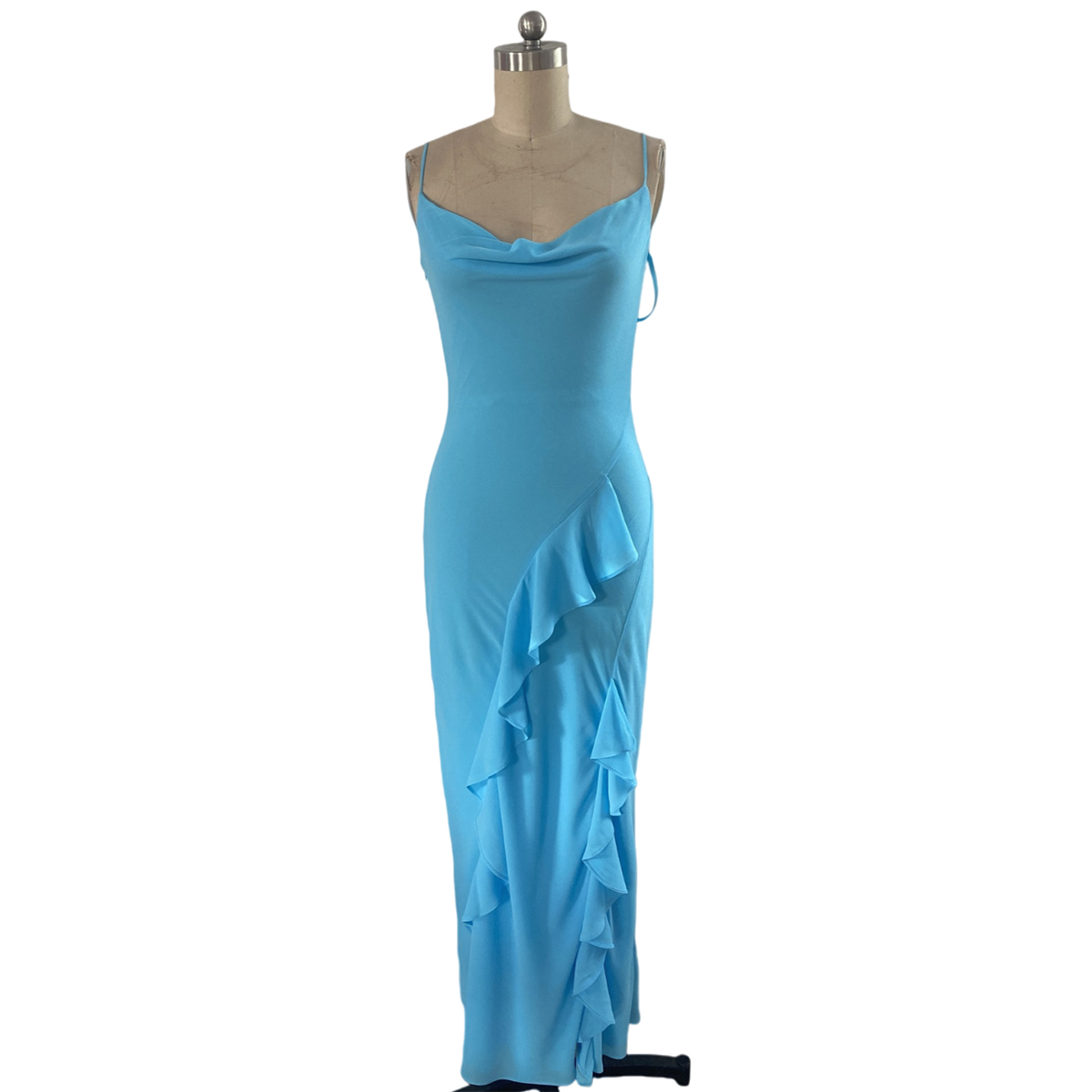 Ethereal Blue Chiffon Maxi Dress with Cascading Ruffle Detail | Sustainable Resort Wear | OEM/ODM