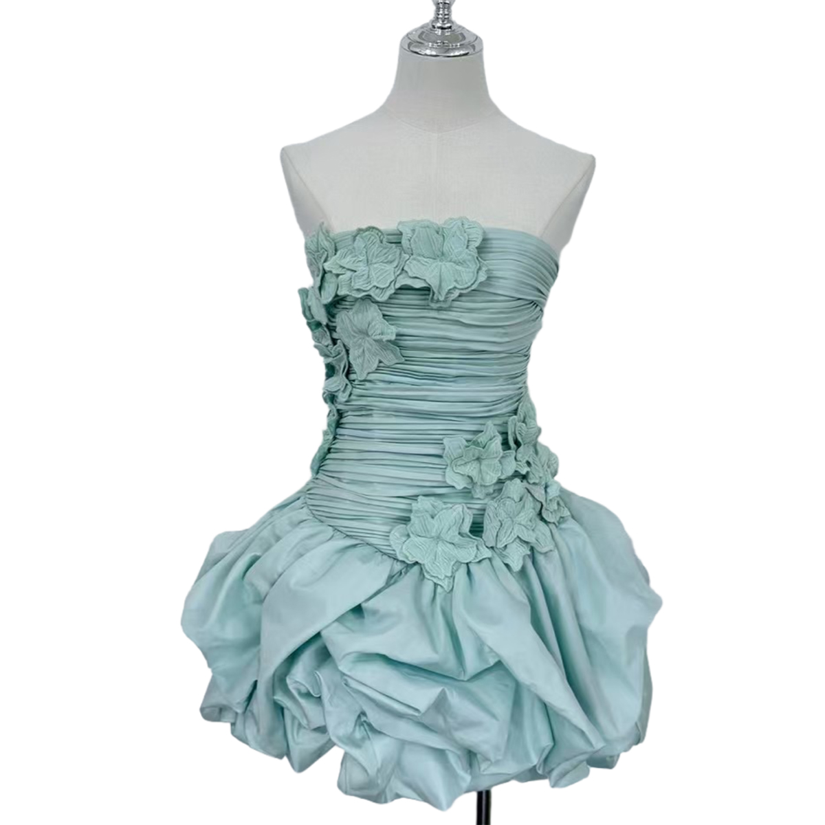 Ethereal Blue Strapless Dress with 3D Floral Appliqué | Garden Party & Weddin...
