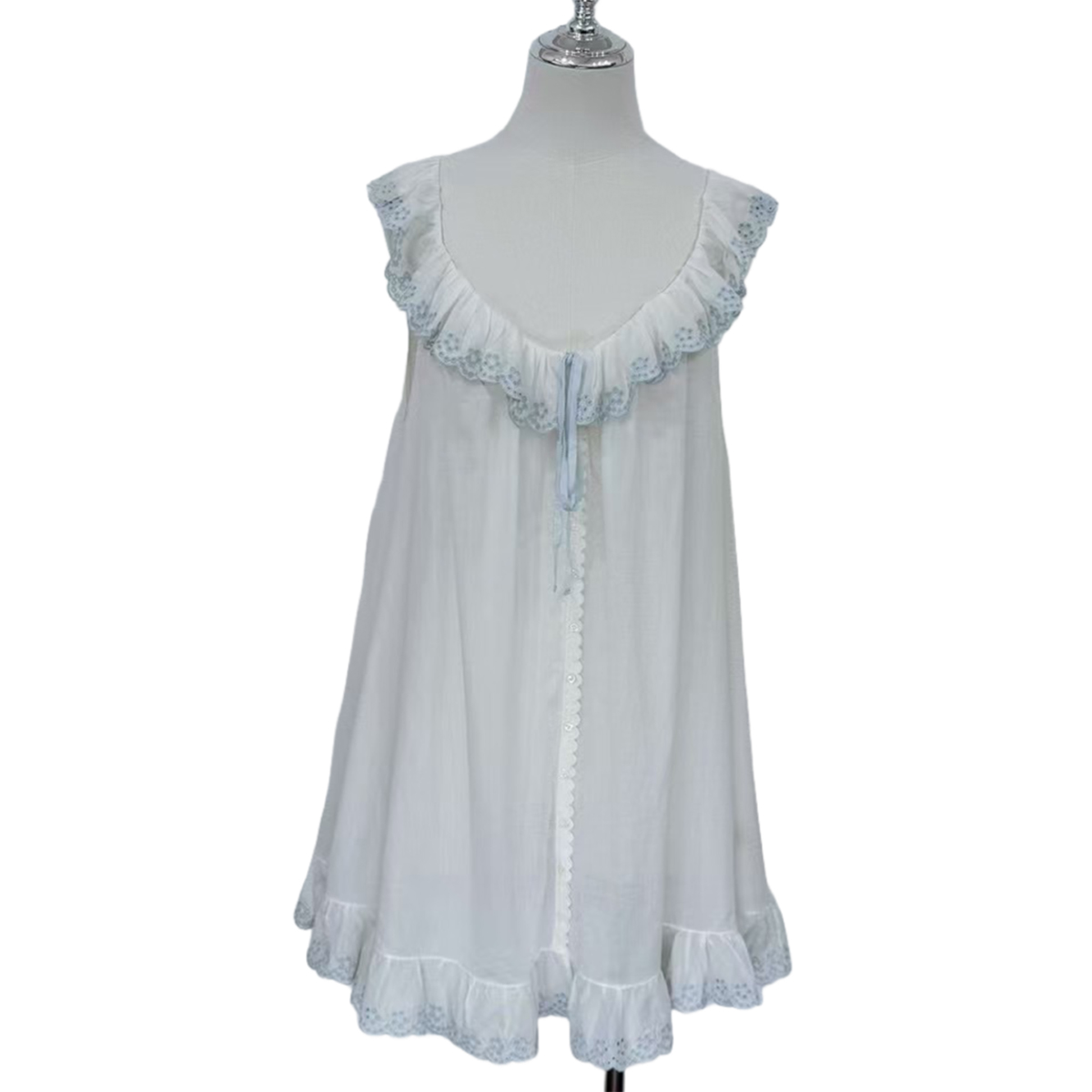 Ethereal White Organic Cotton Mini Dress with Blue Bow | China Suppliers & Factory for Garden Party & Resort Wear