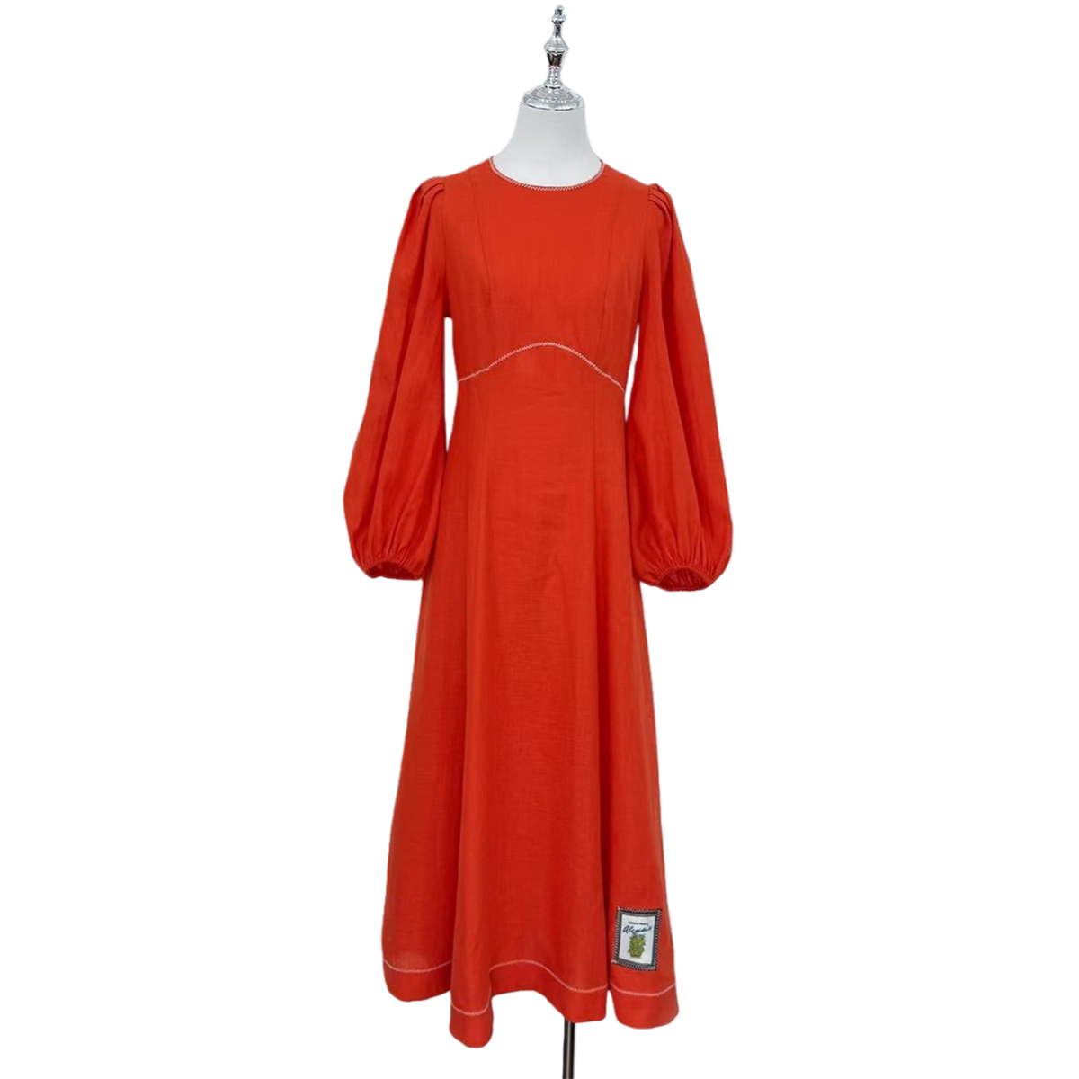 Elegant Red Linen Midi Dress with Puff Sleeves | Resort & Special Occasion Wear | OEM/ODM