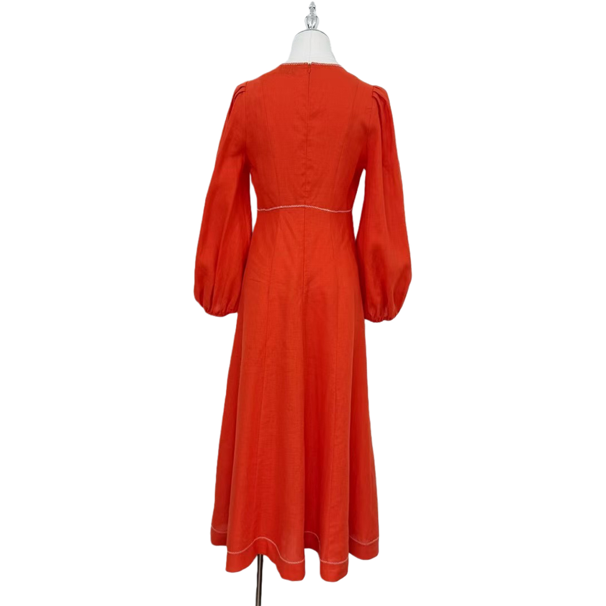 Elegant Red Linen Midi Dress with Puff Sleeves Resort & Special Occasion Wear OEMODM (2).jpg