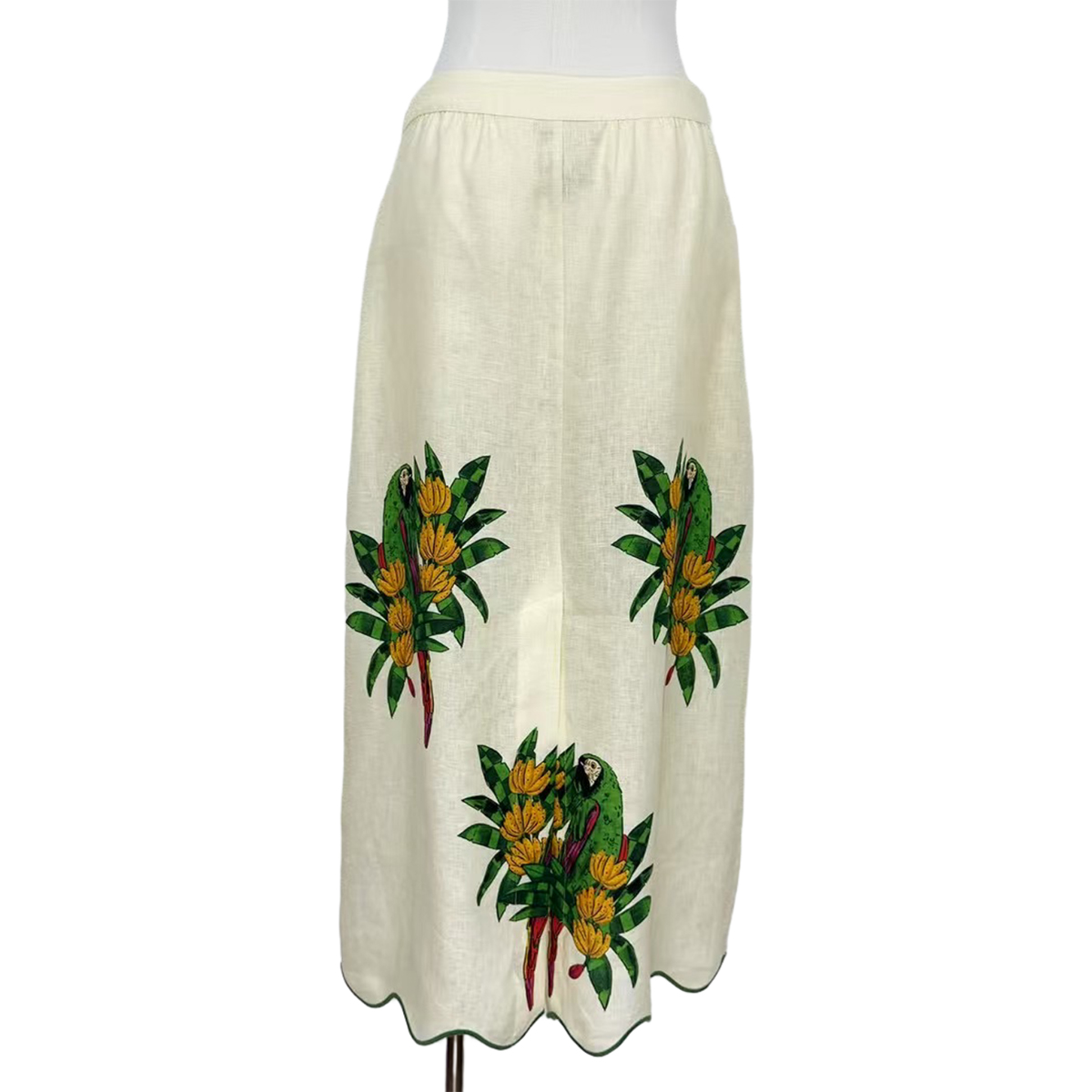 Vintage Cream Linen Midi Skirt with Tropical Parrot Print Resort & Capsule Wardrobe Essential OEMODM (2).jpg