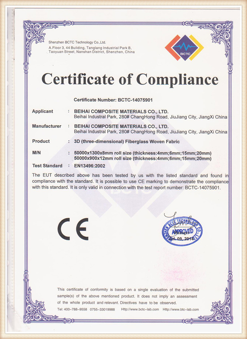 Certificado CE de tejido de fibra de vidrio 3D
