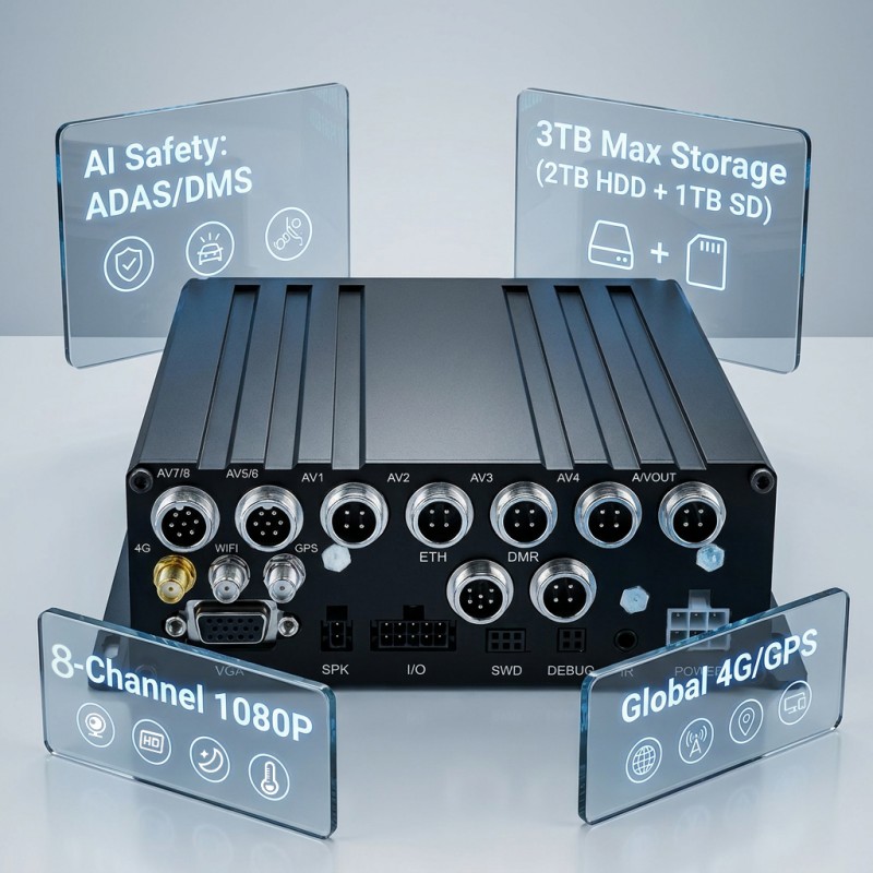 ZY-M63 8 चैनल 1080P HDD MDVR, 4 चैनल IPC एक्सटेंशन के साथ, ट्रक और बस फ्लीट मैनेजमेंट के लिए 12 चैनल हाइब्रिड मोबाइल DVR, H.265 GPS 4G WIFI AI