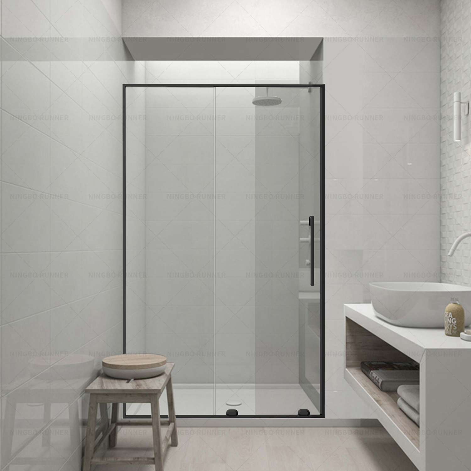 Modern black shower door with slim frames aluminum slidin...