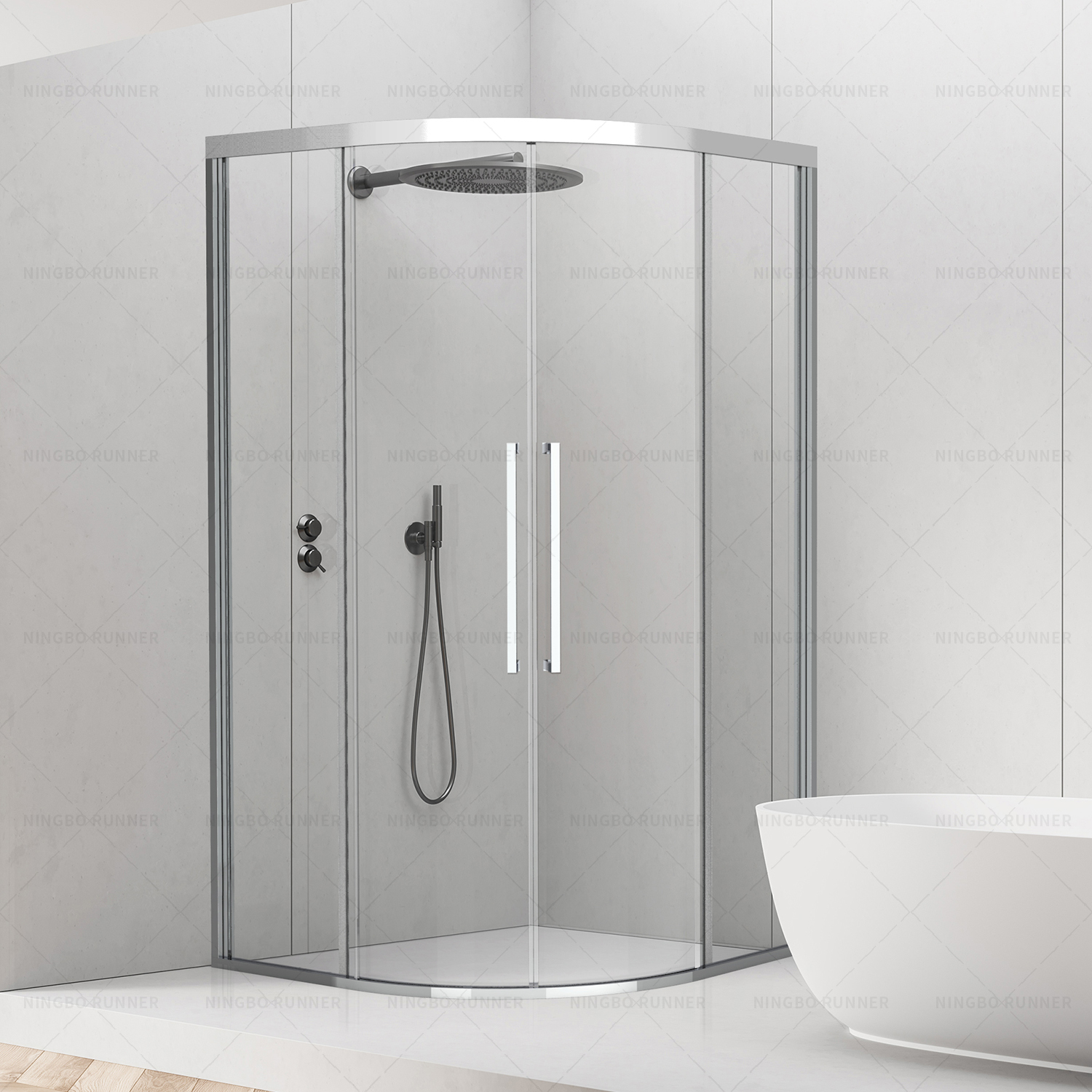 Chrome stainless steel shower enclosure sector with stainless steel rollers