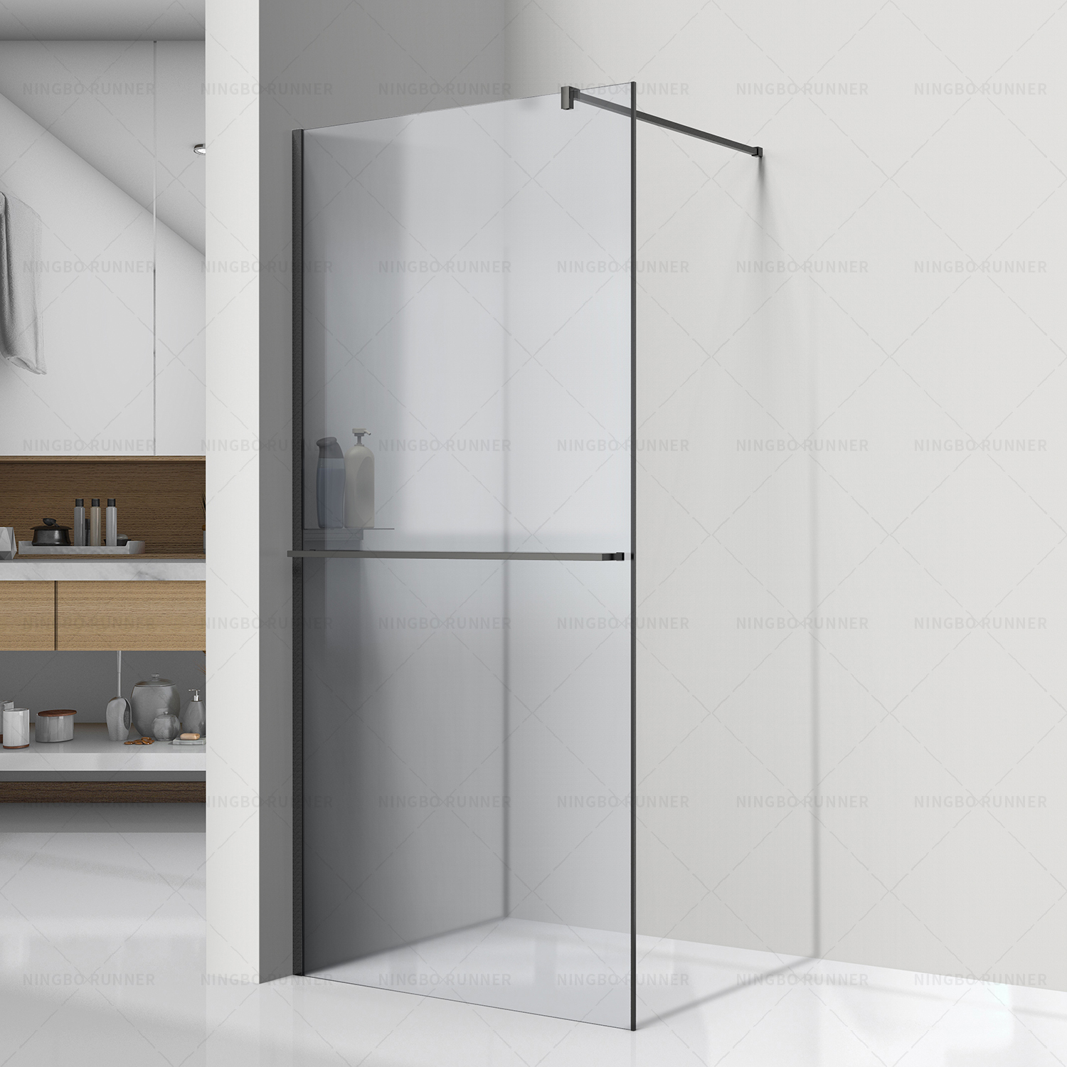 New walkin Italian shower with shelf and hook and towel rail