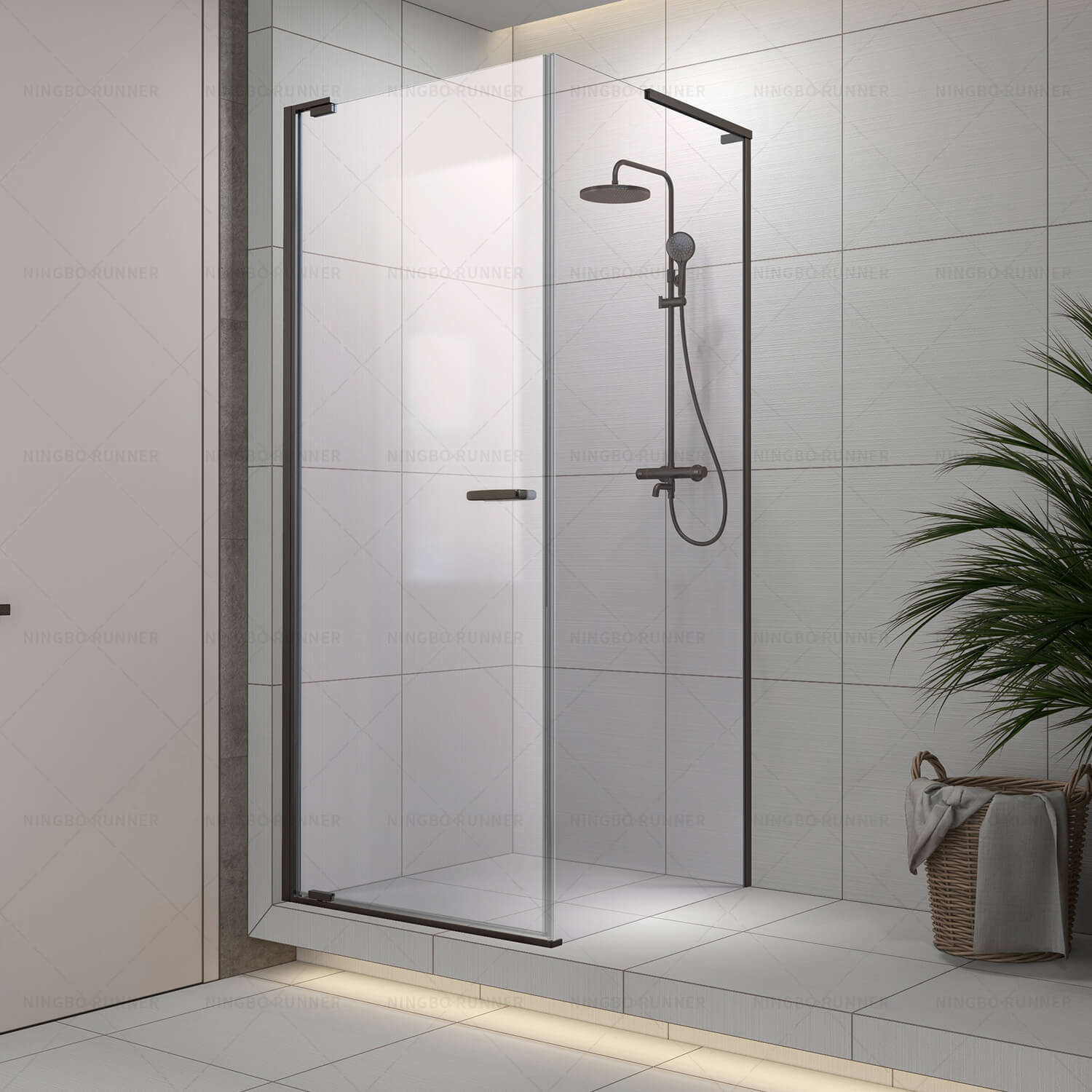 Frameless shower enclosure free entry with designer pivot...