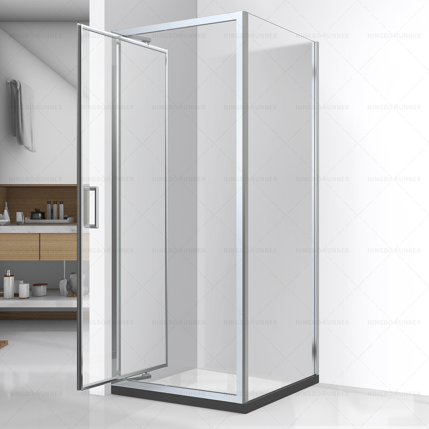Space saving shower enclosure with in-fold sliding door r...