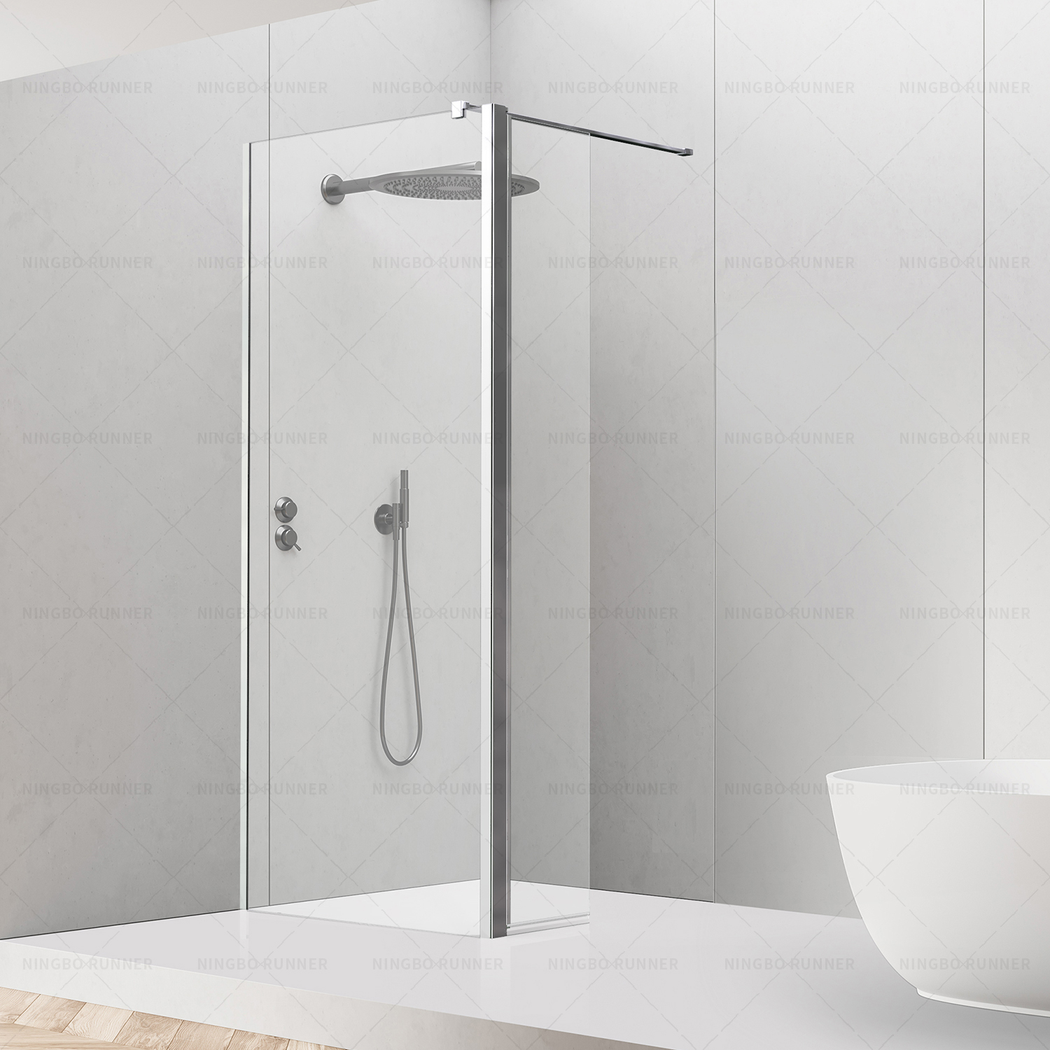 Walkin shower screen with stabilizer and pivoting glass