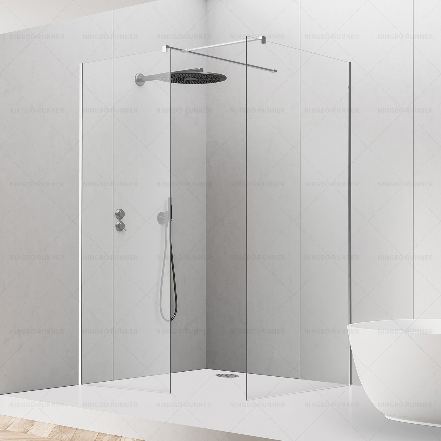 Big showering space corner entry with glass 8mm to 10mm