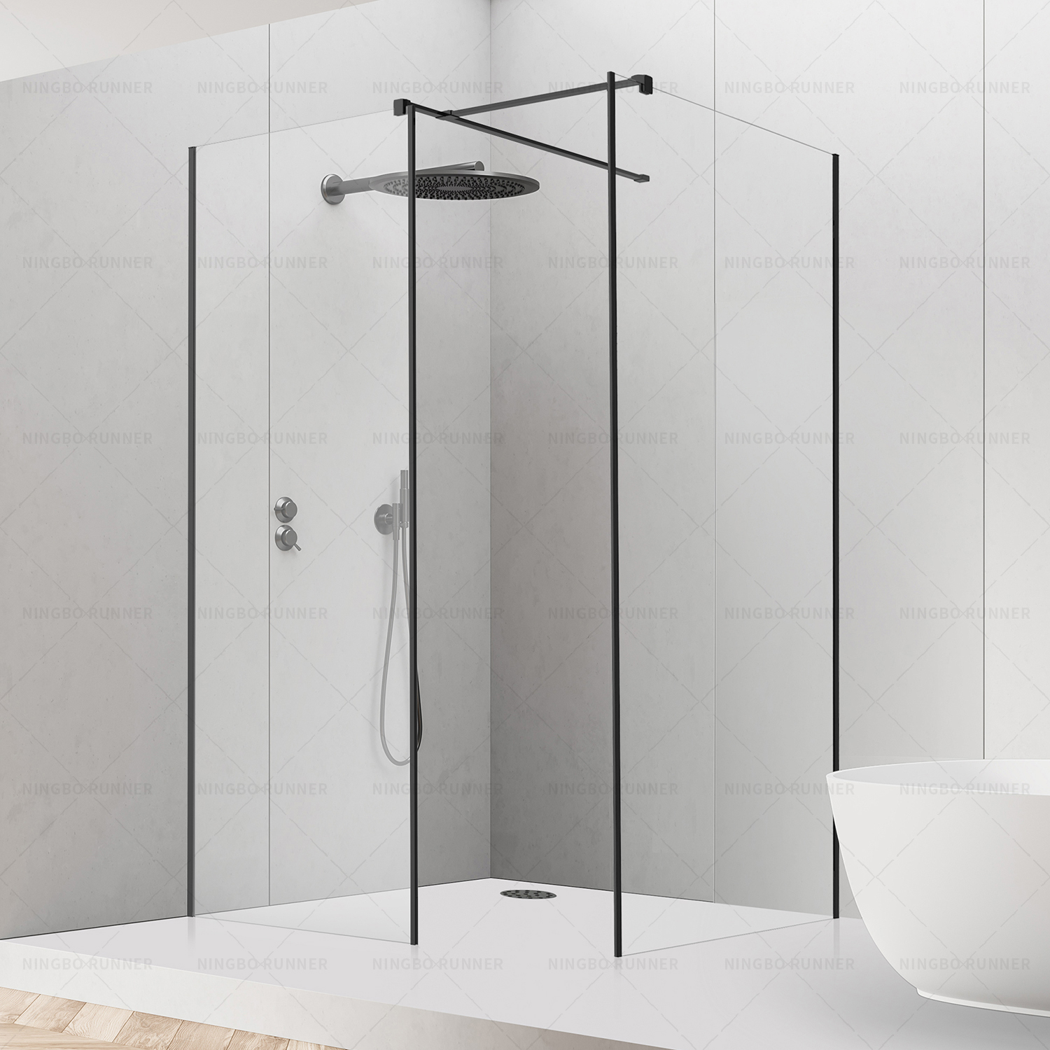 Black big showering space corner entry with glass 8mm to 10mm