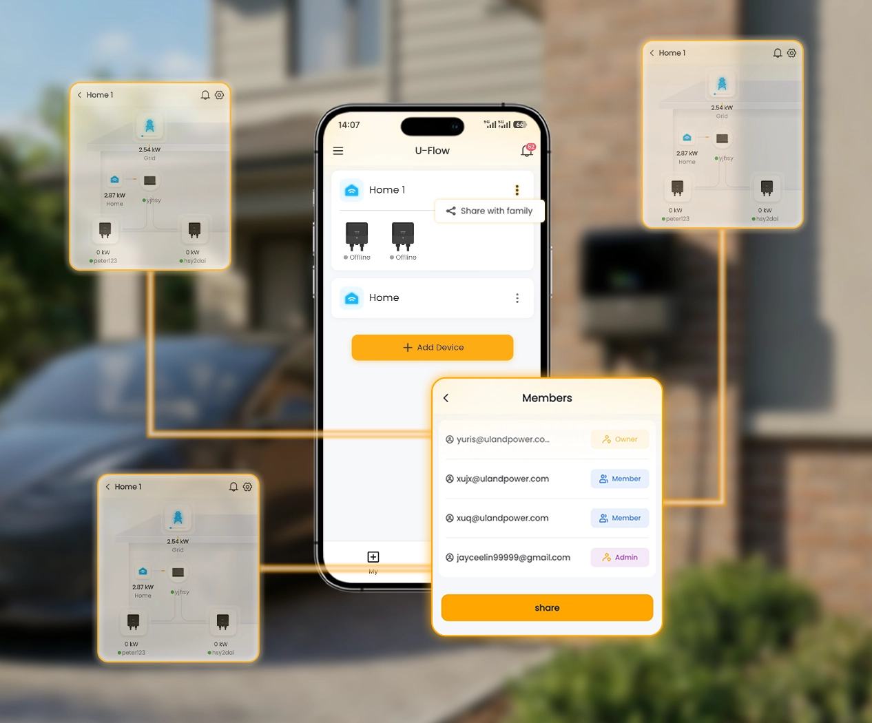 U-FLOW app supports multi-user and multi-household access with flexible permissions and real-time energy monitoring.