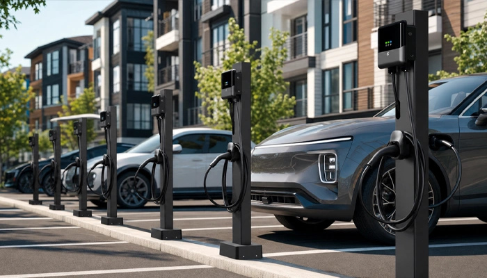Row of EV-ready parking spaces with charging stations at a multifamily property