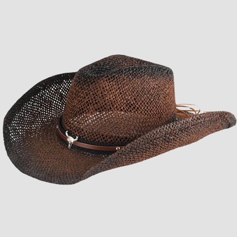 Gradient Spray Painting Western Jazz Sombreros De Paja Cowboy Cowgirl Paper Cloth Straw Hat With Bull Belt
