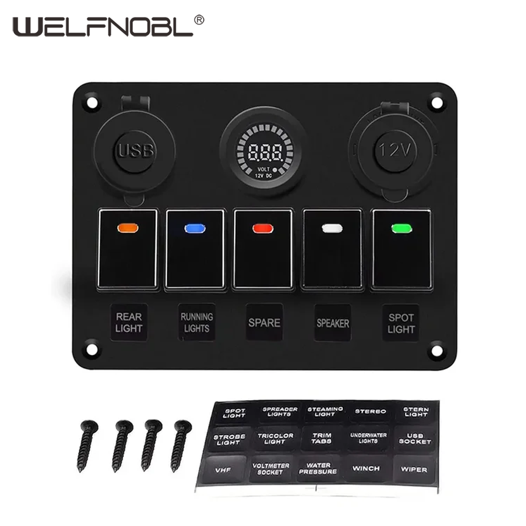 QC3.0 Type C Dual USB Charger 5 Gang Rocker Switch Panel