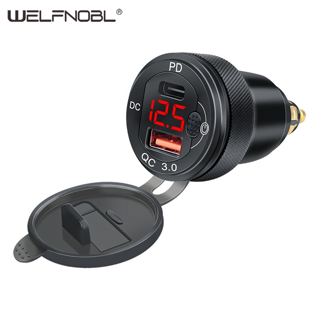 DS006M-Водонепроницаемое зарядное устройство для мотоциклов QC3.0 USB-A + PD USB-C со светодиодным вольтметром и кнопочным переключателем