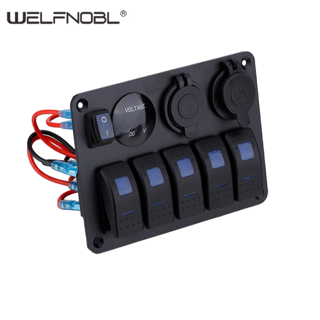 5 Ports On Off LED Light Toggle Waterproof Marine Rocker Switch Panel