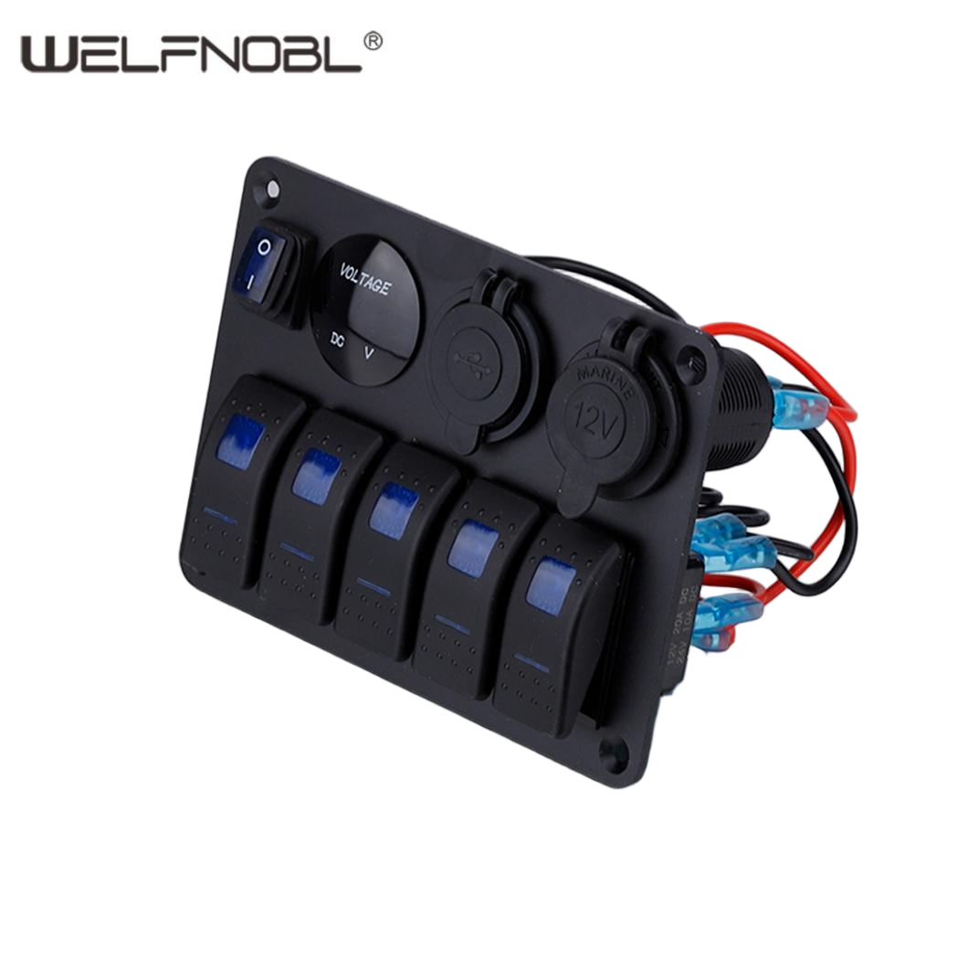 5 Ports On Off LED Light Toggle Waterproof Marine Rocker Switch Panel