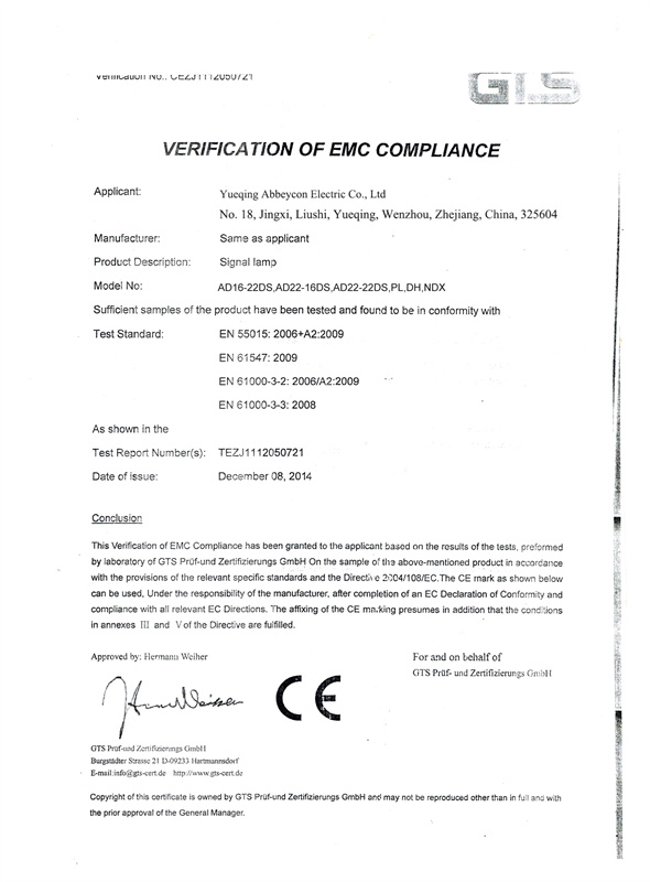 Abbeycon indicator lamp CE certifiate