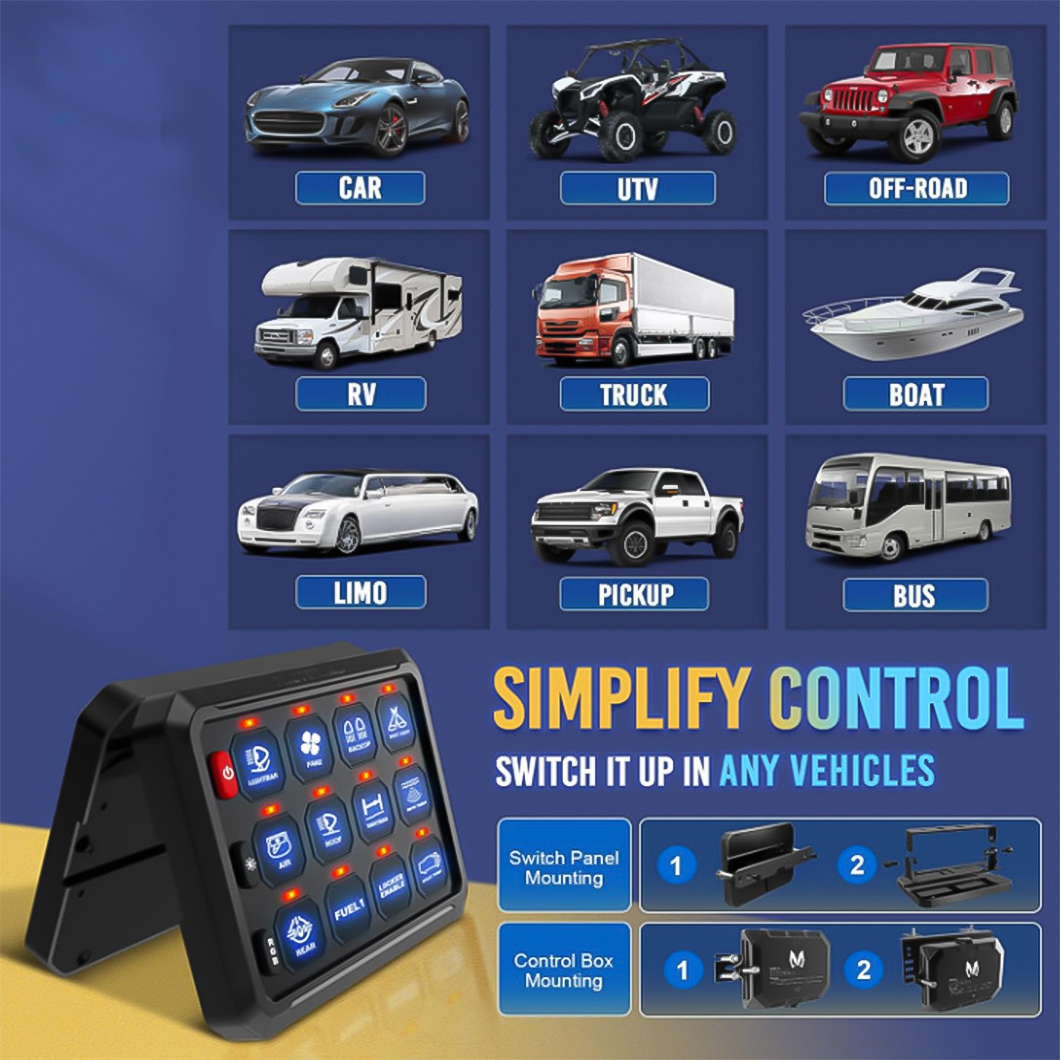 12 Gang Switch Panel Switch for RV Yacht Car 12V LED Backlit Control Panel Switch with Relay & Fuse