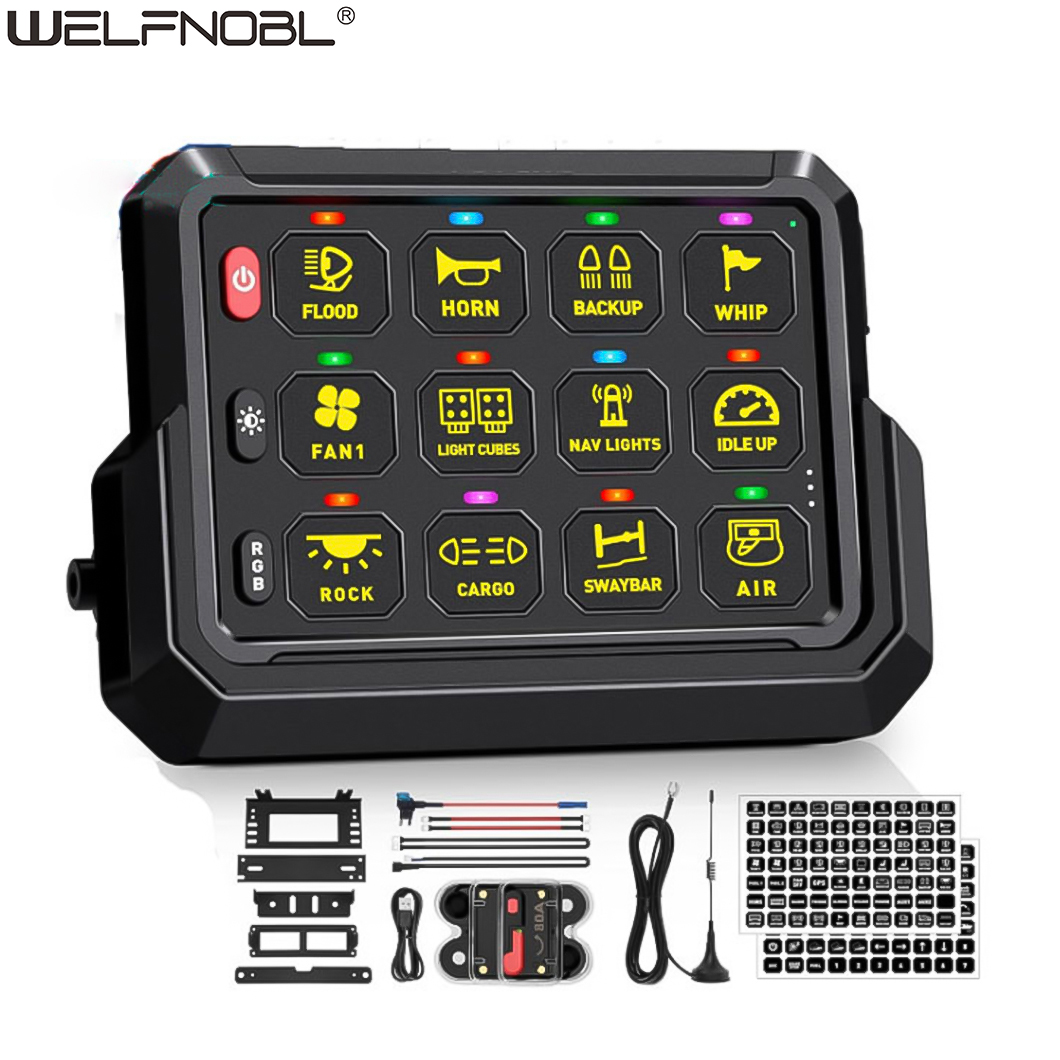 12 Gang Car Switch Panel - 12V with Voltmeter, USB & LED Backlit for Off-Road