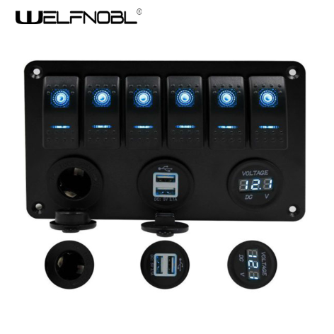 Welfnobl IB-P901 6-Gang Aluminum Rocker Switch Panel with Dual USB