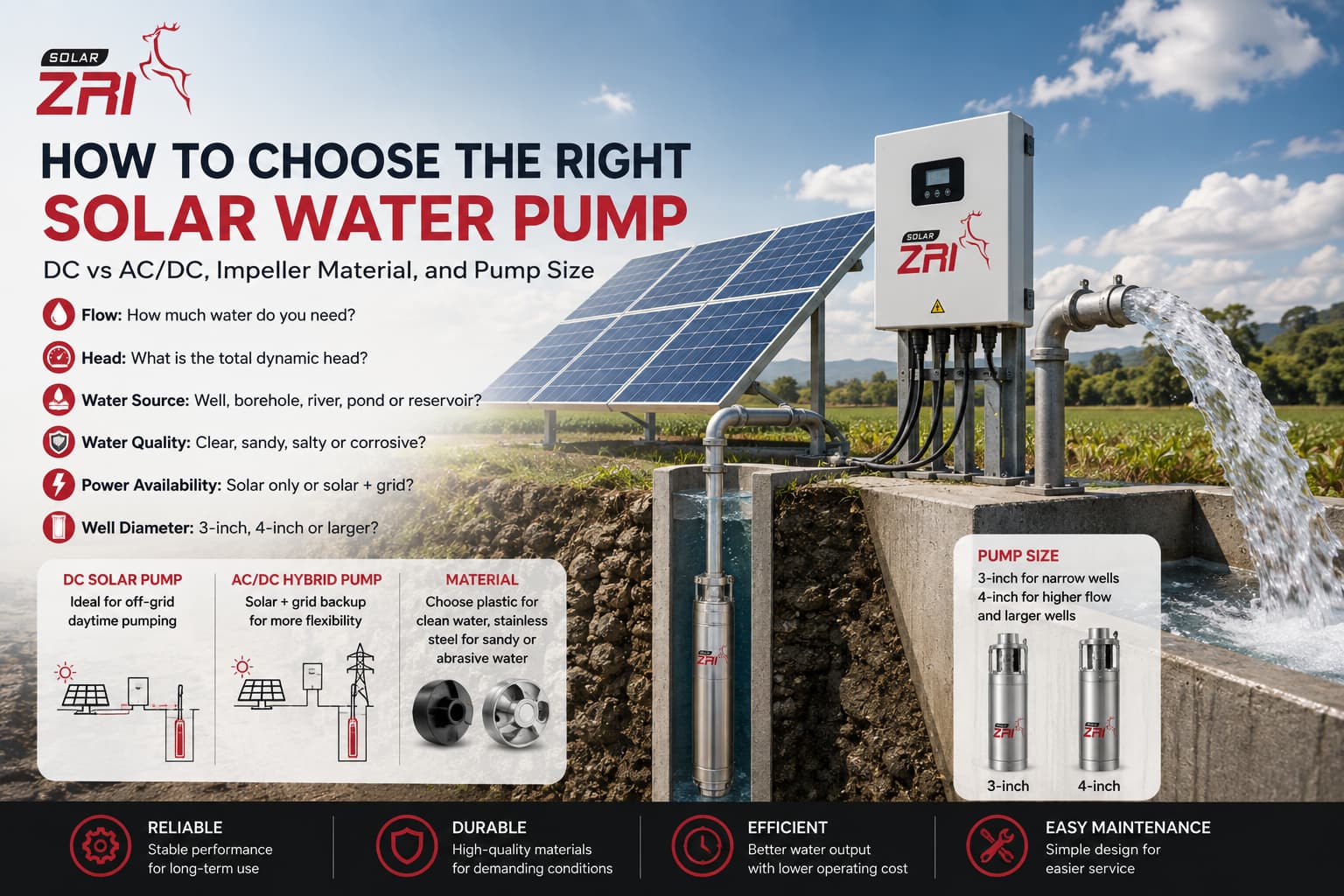 How to Choose a Solar Water Pump: DC vs AC/DC, Impeller Materials & Pump Diameter