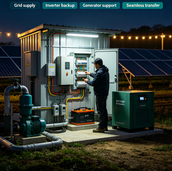 Hybrid AC/DC Solar Pumps: Controller Behaviour, Grid Switching and Backup Power