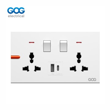 Ultra-thin skin feel GOG PC wall switched socket 2 gang MF with neon, R11588C 1 USB + 1 type C White/gold/gray/black