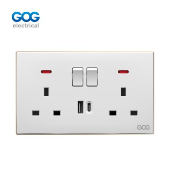 SLIM SWITCH SOCKET C91588C PC wall socket double MF 3 pin switched socket with neon usb typec