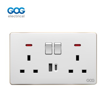 SLIM SWITCH SOCKET C92588C PC wall socket double MF 3 pin switched socket with neon usb typec