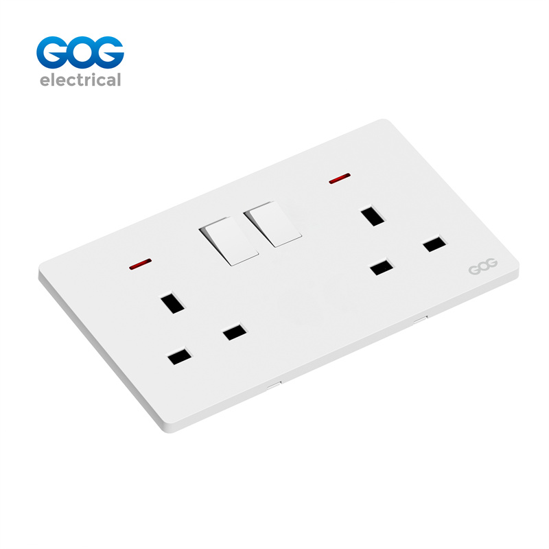K3 Ultra-Thin Skin Feel Gog Pc Wall Switched Socket 13a 2 Gang With Neon, K408, Imported high-transparent, high-strength PC