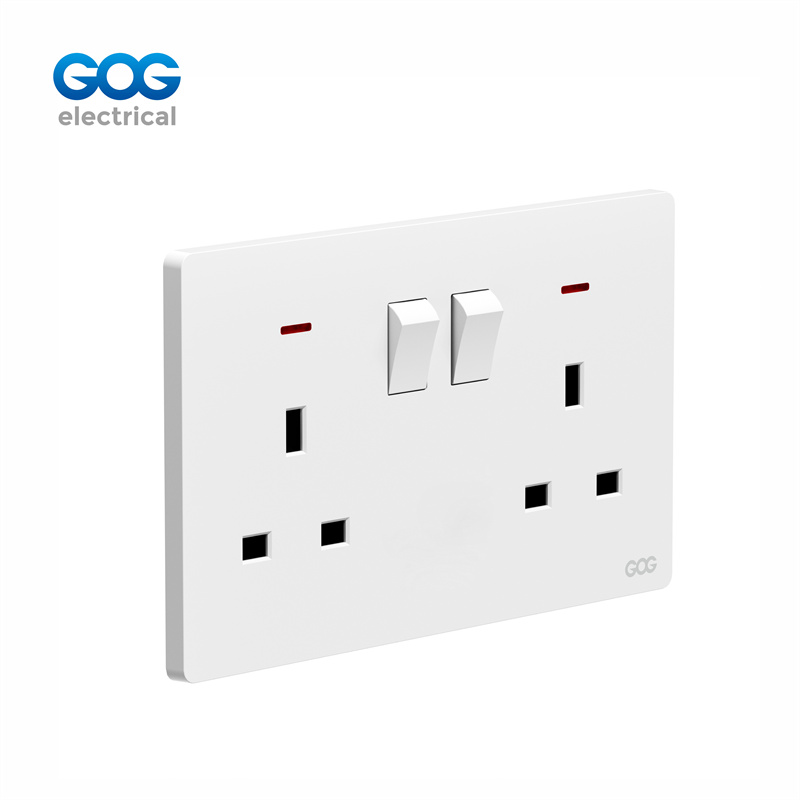 K3 Ultra-Thin Skin Feel Gog Pc Wall Switched Socket 13a 2 Gang With Neon, K408, Imported high-transparent, high-strength PC