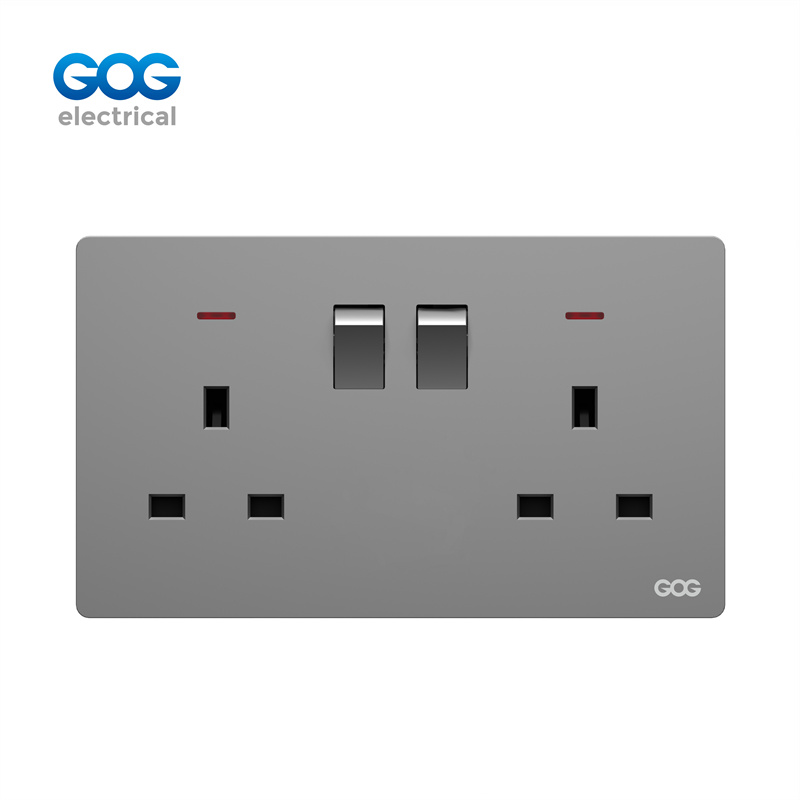 K3 Ultra-Thin Skin Feel Gog Pc Wall Switched Socket 13a 2 Gang With Neon, K408, Imported high-transparent, high-strength PC