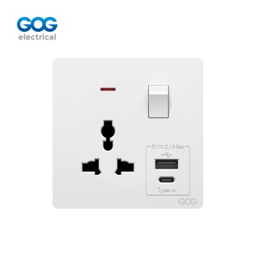 K5 Ultra-thin skin feel GOG PC  wall switched socket 1 gang  MF with neon, 1 USB + 1 type C, K5587C, Imported high-transparent, high-strength PC
