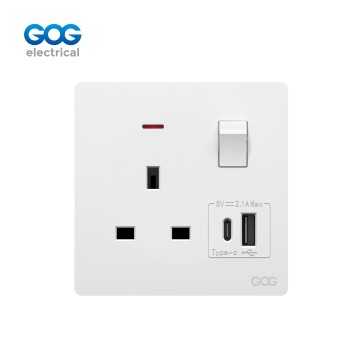 K5 Ultra-thin skin feel GOG PC  wall switched socket  13A 1 gang with neon, 1 USB + 1 type C, K5491C, Imported high-transparent, high-strength PC