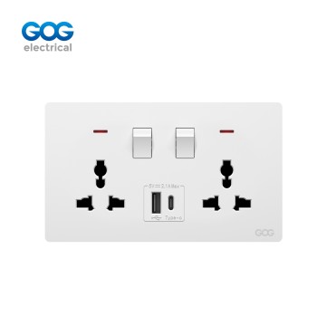 K5 Ultra-thin skin feel GOG PC  wall switched socket 2 gang MF with neon, 1 USB + 1 type C, K5588C, Imported high-transparent, high-strength PC