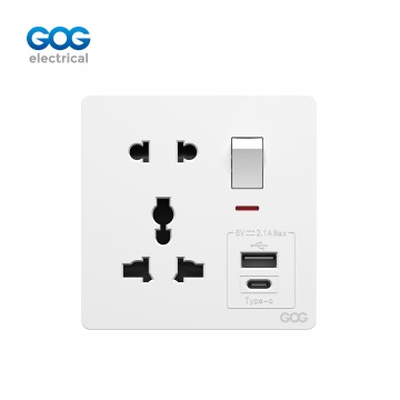 K2 Ultra-thin skin feel GOG PC  wall switched socket 1 gang  5 pin MF with neon,1 USB + 1 type C, E497C, Imported high-transparent, high-strength PC