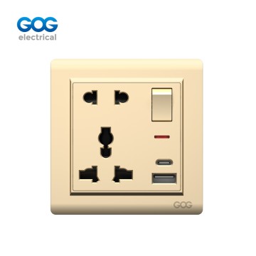 A10 GOG PC Wall Switched Socket 1 Gang 5 Pin Mf With Neon, 1 Usb + 1 Type C, A10497C, Imported high-transparent, high-strength PC