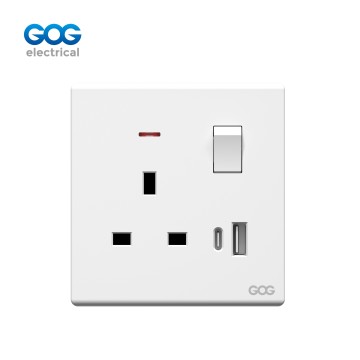 V15 GOG PC  wall switched socket  13A 1 gang with neon, 1 USB + 1 type C, V15491C, Imported high-transparent, high-strength PC