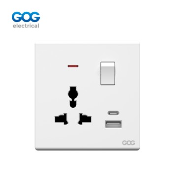 V15 GOG PC  wall switched socket 1 gang  MF with neon, 1 USB + 1 type C, V15587C, Imported high-transparent, high-strength PC