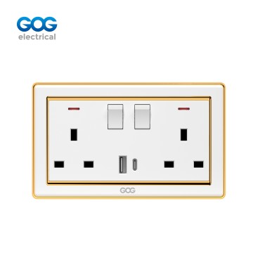A33 GOG PC  wall switched socket 13A 2 gang with neon, 1 USB + 1 type C , A33492C, Imported high-transparent, high-strength PC