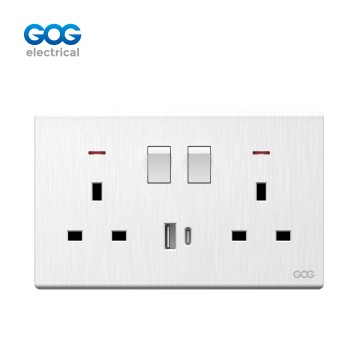 V15 GOG PC  wall switched socket 13A 2 gang with neon, 1 USB + 1 ty...